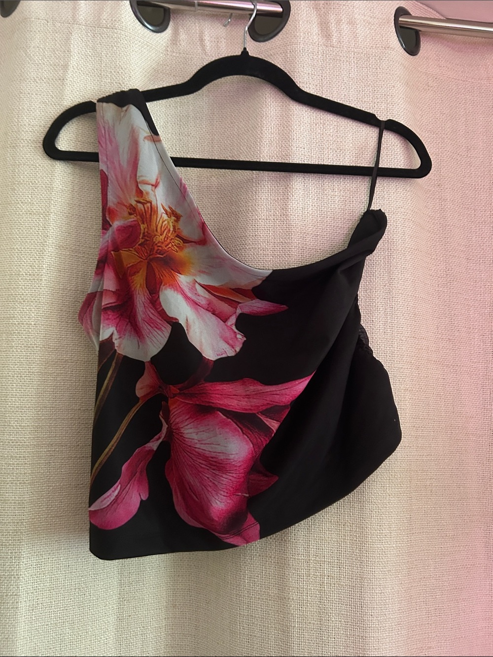Floral One-Shoulder Black Mesh Top with Pink Bloom